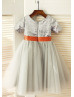 Short Sleeves Silver Sequin Gray Tulle Knee Length Flower Girl Dress